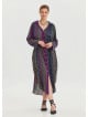 Shirt Collar Belt Detailed Purple Patterned Long Sleeve Dress 4449
